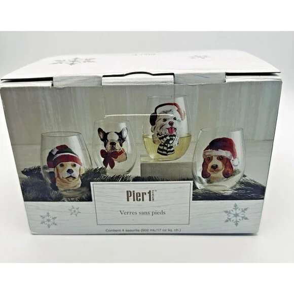 Christmas Holiday Dogs Stemless Wine Glasses Pier 1 Imports Hand Painted - Picture 2 of 16